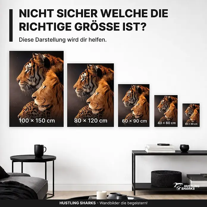 Hustling Sharks Leinwandbild 3 Animals, B x H: 80 x 120 cm -  - Fünf gerahmte Kunstdrucke mit Großkatzen, in verschiedenen Größen zur Veranschaulichung der Skalierung im Raum.