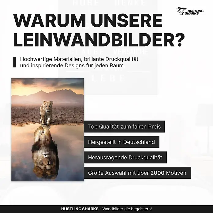 Hustling Sharks Leinwandbild Lion Reflection, B x H: 100 x 150 cm -  - Leinwandbild mit einem Löwenjunges, das sich als erwachsener Löwe im Wasser spiegelt.