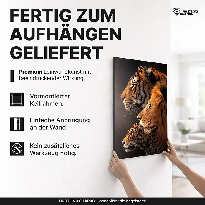 Hustling Sharks Leinwandbild 3 Animals, B x H: 80 x 120 cm -  - Ein Leinwandbild mit Tiger, Löwe und Leopard wird an einer Wand aufgehängt. Es wird fertig zum Aufhängen geliefert.