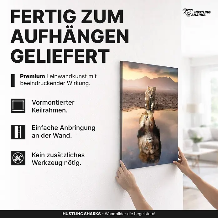 Hustling Sharks Leinwandbild Lion Reflection, B x H: 100 x 150 cm -  - Leinwandbild mit Löwenjunges und erwachsenem Löwen im Spiegelbild, wird an der Wand angebracht. Beschreibt einfache, werkzeuglose Montage.