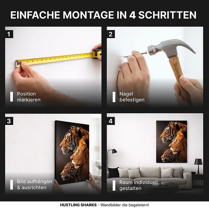 Hustling Sharks Leinwandbild 3 Animals, B x H: 80 x 120 cm -  - Einfache 4-Schritte-Anleitung zum Aufhängen eines Wandbildes mit Tiermotiven.