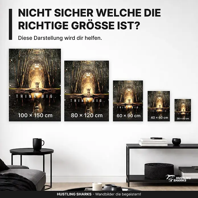 Hustling Sharks Leinwandbild Think Big, B x H: 100 x 150 cm -  - Fünf Wandbilder in verschiedenen Größen (von 30x40cm bis 100x150cm) mit Kätzchen und Löwenreflexion, zur Größenveranschaulichung im Wohnzimmer gezeigt.
