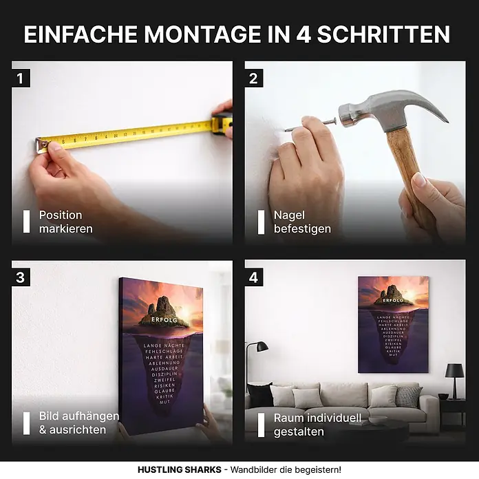 Hustling Sharks Leinwandbild Insel des Erfolgs, B x H: 40 x 60 cm -  - Schritt-für-Schritt-Anleitung zur Montage eines Wandbildes in 4 Schritten: Position markieren, Nagel befestigen, Bild aufhängen & ausrichten, Raum individuell gestalten.