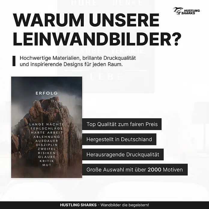 Hustling Sharks Leinwandbild Berg des Erfolges, B x H: 30 x 40 cm -  - Werbung für Leinwandbilder. Das Hauptmotiv ist ein Berg mit dem Text 'ERFOLG' und weiteren motivierenden Begriffen.