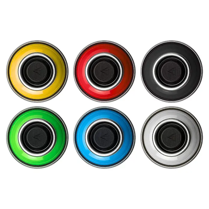 SPARK Pocket Sprühfarbe 200ml 6er Set Gelb Rot Grün Blau Schwarz Weiss -  - Sechs bunte Sprühdosenkappen, jeweils mit Metallring und schwarzem, texturiertem Deckel mit Pfeil.