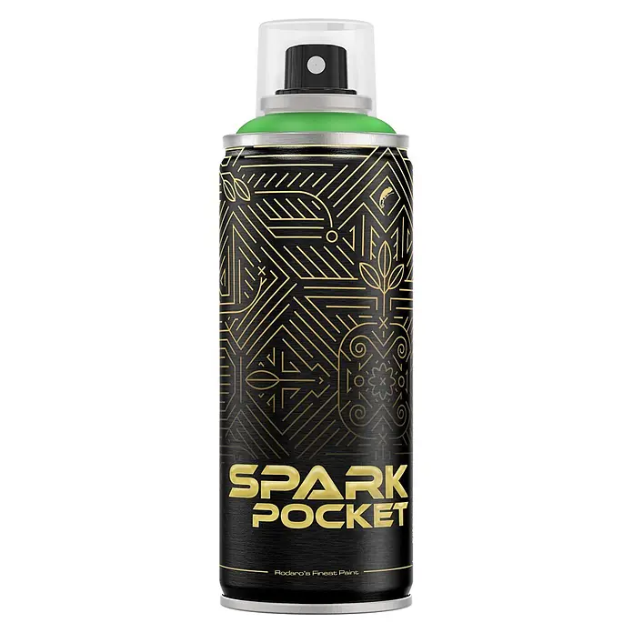 SPARK Pocket Sprühfarbe 200ml Glänzende Farbe Fiona Grün -  - Schwarze und goldene Sprühdose mit transparenter Kappe, grünem Oberteil und silbernen Details.