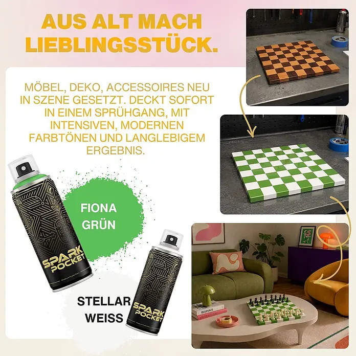SPARK Pocket Sprühfarbe 200ml Glänzende Farbe Apolo Grau -  - Zwei Sprühdosen, Fiona Grün und Stellar Weiß, die ein Holzschachbrett in ein modernes grün-weißes verwandeln.