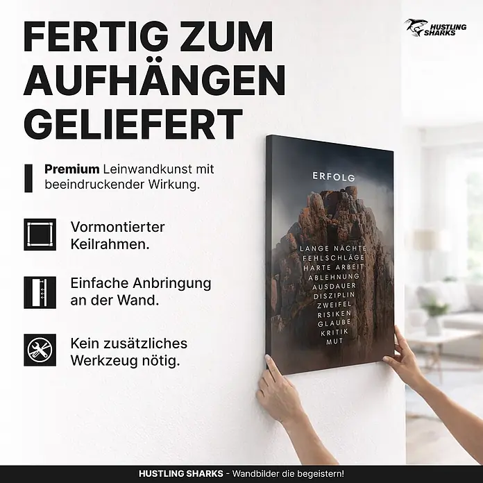 Hustling Sharks Leinwandbild Berg des Erfolges, B x H: 30 x 40 cm -  - Ein motivierender Leinwanddruck mit „ERFOLG“-Text auf Felsmotiv, von Händen gehalten, fertig zum Aufhängen.