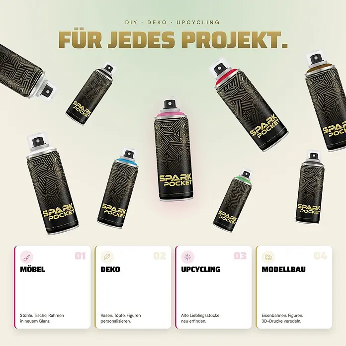 SPARK Pocket Sprühfarbe 200ml Glänzende Farbe Apolo Grau -  - Acht Spark Pocket Sprühdosen in Schwarz-Gold mit farbigen Kappen, vorgestellt für DIY, Deko, Upcycling und Modellbau.