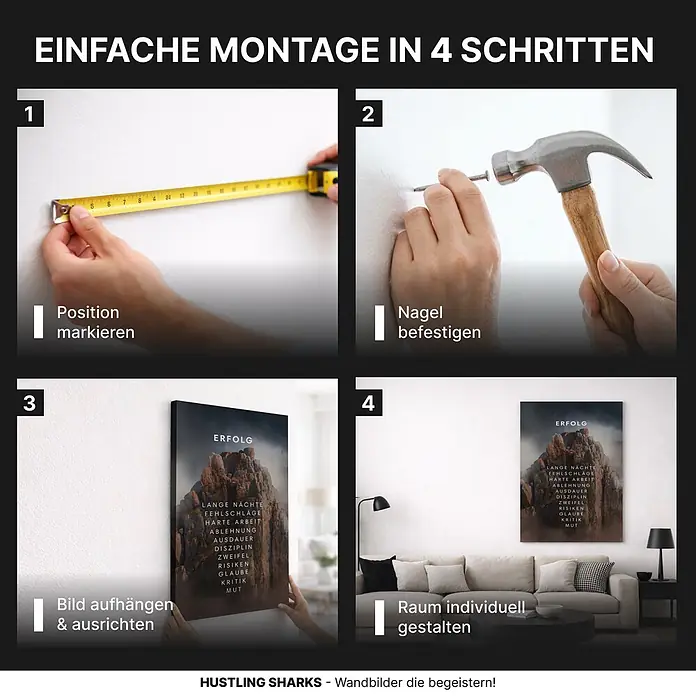 Hustling Sharks Leinwandbild Berg des Erfolges, B x H: 30 x 40 cm -  - Einfache 4-Schritte-Anleitung zum Aufhängen eines Wandbildes: Position markieren, Nagel befestigen, Bild aufhängen und Raum individuell gestalten.