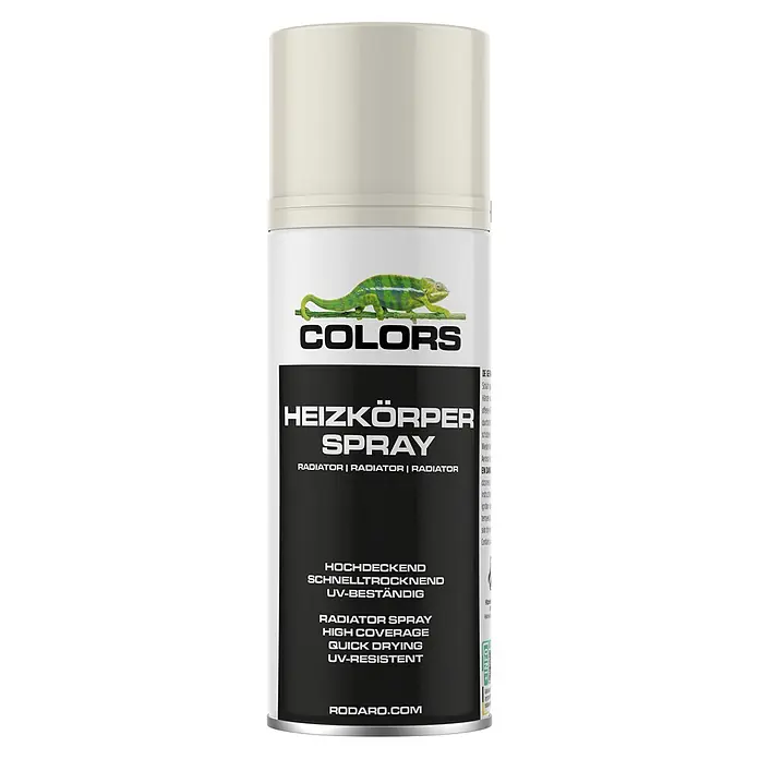 COLORS Heizkörperspray Sprühlack 400ml RAL9001 Cremeweiss Hochglanz -  - Hellbeige Sprühdose für Heizkörperlack mit schwarzem Etikett und Chamäleon-Grafik.
