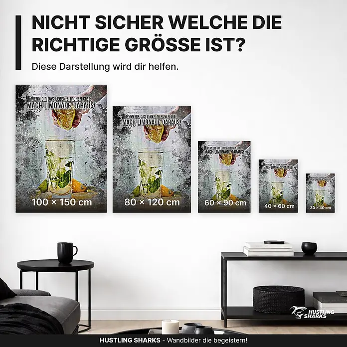 Hustling Sharks Leinwandbild Limonade des Lebens, B x H: 40 x 60 cm -  - Fünf Wandbilder (Zitronenmotiv) in verschiedenen Größen, als Größenvergleich an einer Wand im Raum.
