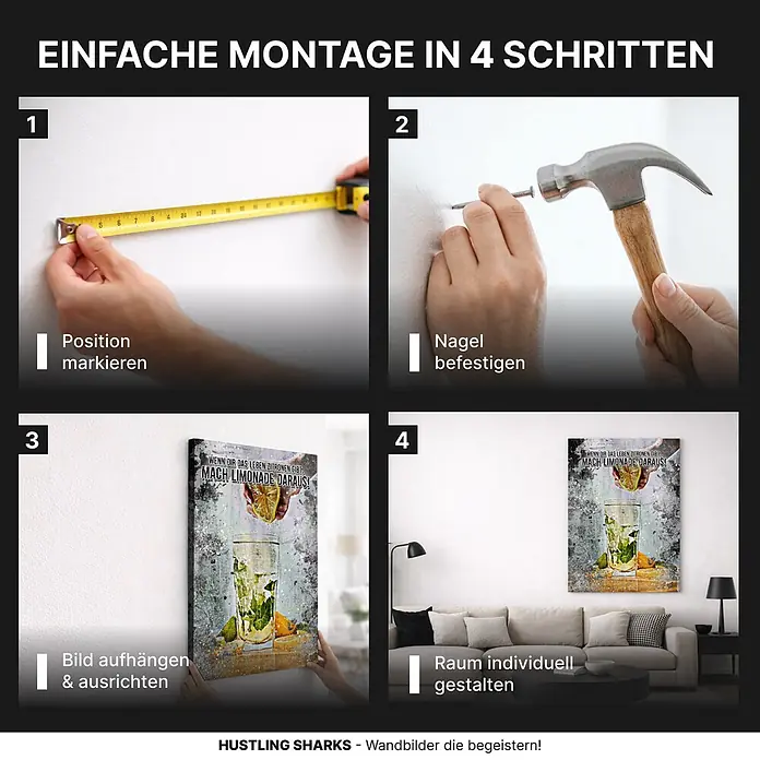 Hustling Sharks Leinwandbild Limonade des Lebens, B x H: 40 x 60 cm -  - Vier-Schritte-Anleitung zum einfachen Aufhängen eines Leinwandbildes mit 'Wenn das Leben Zitronen gibt...', dekoriert ein Wohnzimmer.