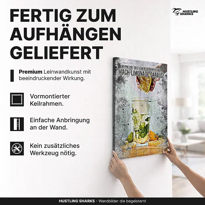 Hustling Sharks Leinwandbild Limonade des Lebens, B x H: 40 x 60 cm -  - Leinwandbild mit Zitronen-Design, von Händen gehalten, an einer Wand montiert.