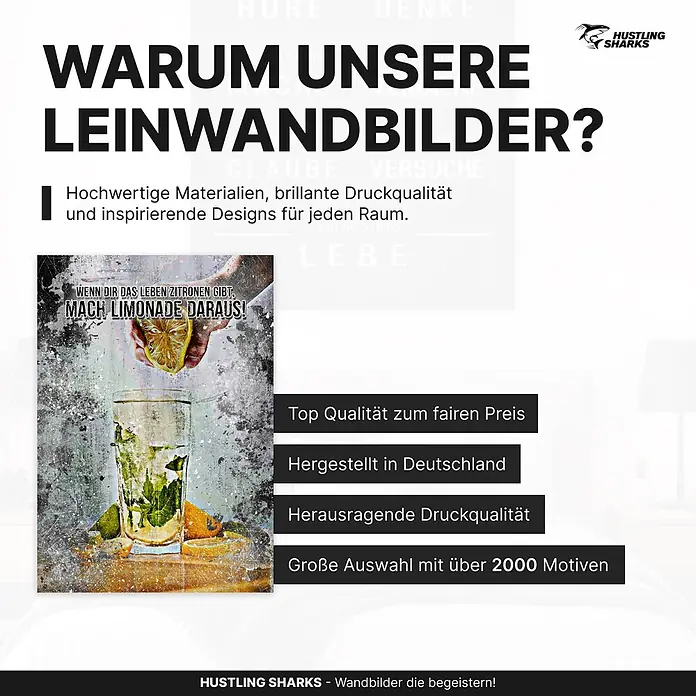 Hustling Sharks Leinwandbild Limonade des Lebens, B x H: 40 x 60 cm -  - Leinwandbild mit Zitat 'Wenn dir das Leben Zitronen gibt, mach Limonade daraus!' und Motiv einer Hand, die Zitrone in Glas presst. Inspirierende Wanddeko.