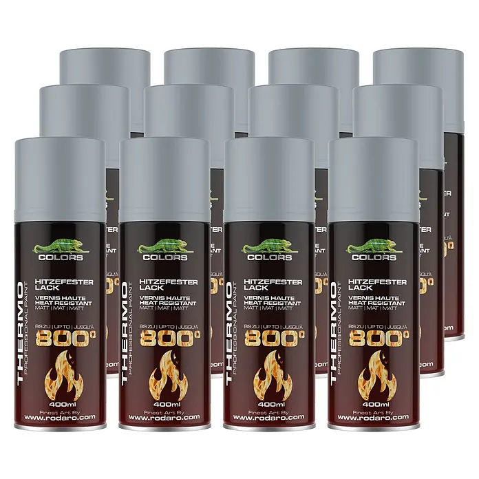 COLORS Hitzefest Sprühlack Hochtemperatur 400ml Silber Matt 12er Set -  - Mehrere dunkelbraune/graue hitzebeständige Lackspraydosen mit silbernen Kappen, beschriftet bis 800°C und 400ml.