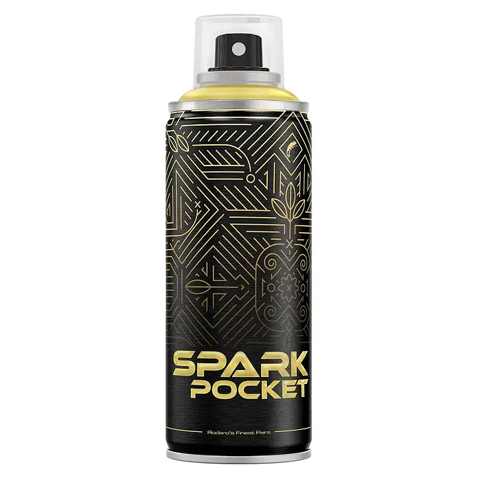 SPARK Pocket Sprühfarbe 200ml Glänzende Farbe Gold -  - Schwarze Sprühdose mit goldenem geometrischem Design, goldenem 'Spark Pocket'-Text und einer transparenten Kappe.