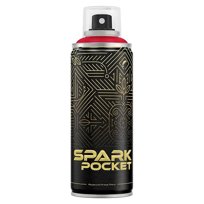SPARK Pocket Sprühfarbe 200ml Glänzende Farbe Scarlet Rot -  - Schwarze Sprühdose mit goldenen geometrischen Mustern, 'SPARK POCKET' Text, rotem Deckel und transparenter Kappe.