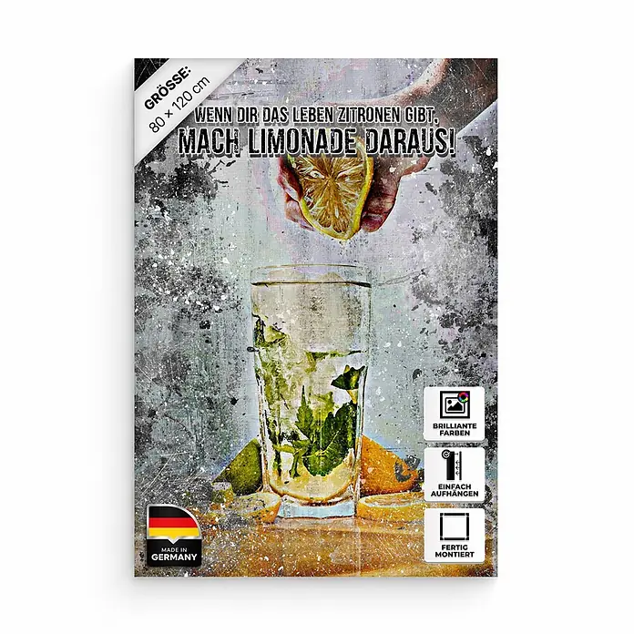 Hustling Sharks Leinwandbild Limonade des Lebens, B x H: 80 x 120 cm -  - Motivierender Leinwanddruck mit einer Hand, die eine Zitrone in ein Glas Limonade presst, und dem Spruch: 'Wenn dir das Leben Zitronen gibt, mach Limonade daraus!'