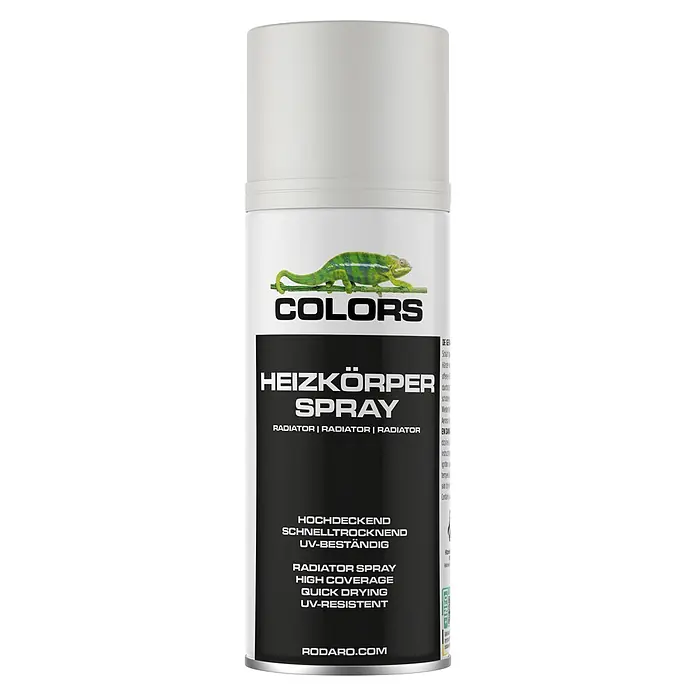 COLORS Heizkörperspray Sprühlack 400ml RAL9010 Reinweiss Seidenglanz -  - Weiße Spraydose mit schwarzem Etikett für Heizkörperlack, mit grüner Chamäleon-Grafik. Sie ist hochdeckend, schnelltrocknend und UV-beständig.