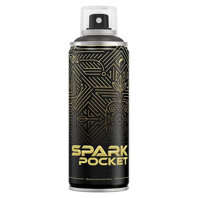 SPARK Pocket Sprühfarbe 200ml Glänzende Farbe Apolo Grau -  - Schwarze Sprühdose mit goldenen Art-déco-Mustern, 'SPARK POCKET'- und 'Rodaro's Finest Paint'-Text, und transparenter Kappe.