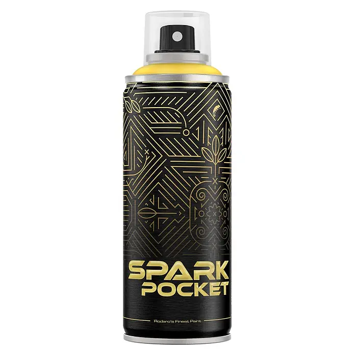 SPARK Pocket Sprühfarbe 200ml Glänzende Farbe Samba Gelb -  - Schwarz-goldene Sprühdose mit geometrischem Design und „Spark Pocket“-Branding.