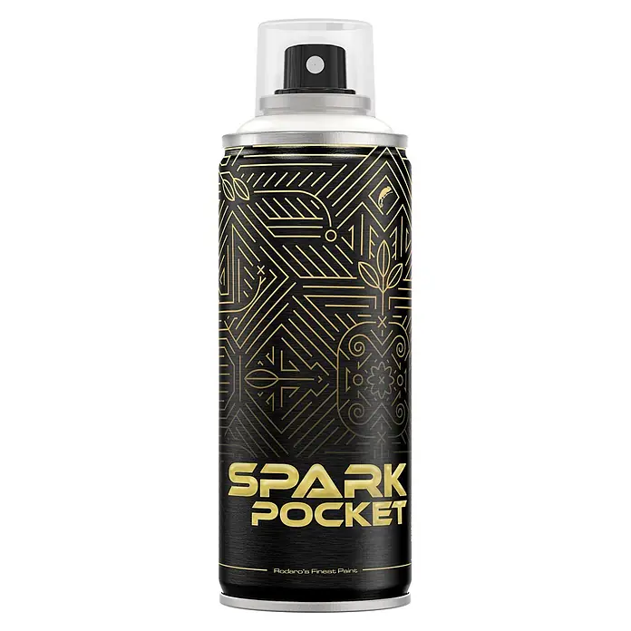 SPARK Pocket Sprühfarbe 200ml Glänzende Farbe Stellar Weiss -  - Schwarze Sprühdose mit goldenem Geometrie-Muster, goldenem 'SPARK POCKET' Schriftzug und transparenter Kappe.