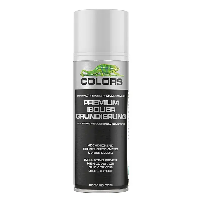 COLORS Isoliergrundierung Isolierspray 400ml Weiss Matt -  - Silber-schwarze RODARO COLORS Premium Isoliergrundierung Sprühdose mit grünem Chamäleon-Logo.