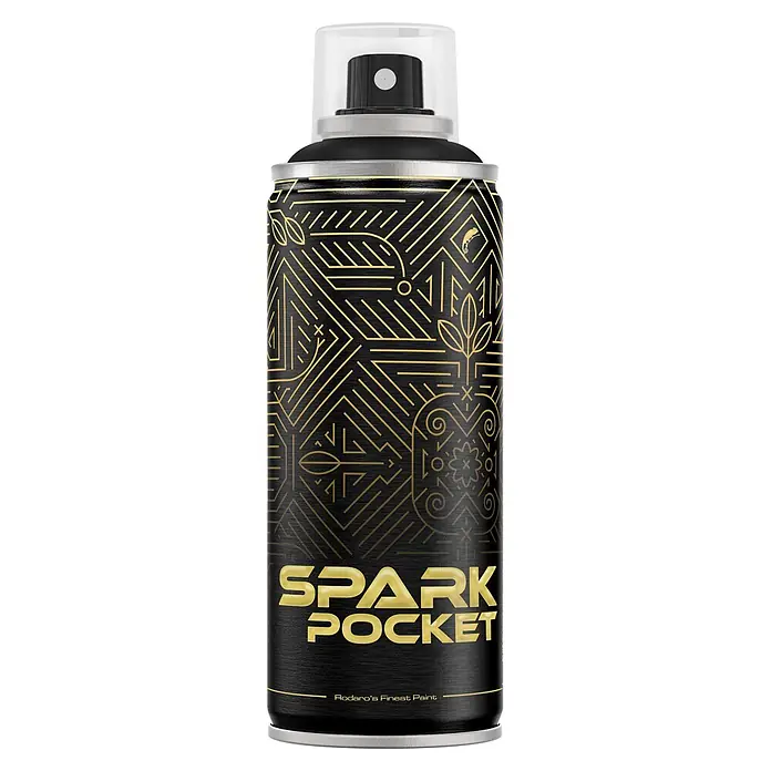 SPARK Pocket Sprühfarbe 200ml Glänzende Farbe Cosmos Schwarz -  - Schwarze Sprühdose mit goldenem Geometriedesign und 'SPARK POCKET' Schriftzug.