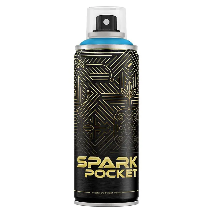SPARK Pocket Sprühfarbe 200ml Glänzende Farbe Surf Blau -  - Schwarze Sprühdose mit goldenen Mustern, "Spark Pocket"-Schriftzug, blauem Band und klarer Kappe.