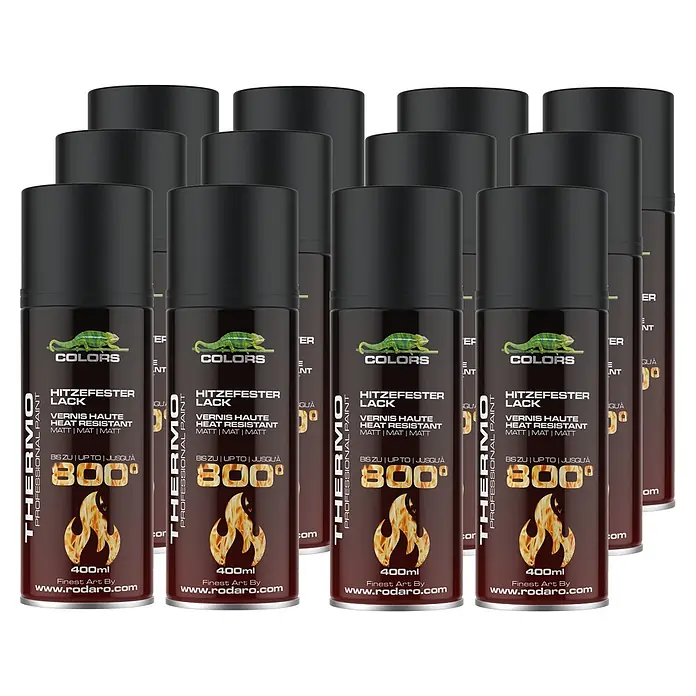 COLORS Hitzefest Sprühlack Hochtemperatur 400ml Schwarz Matt 12er Set -  - Mehrere schwarze 400ml Sprühdosen hitzebeständiger Farbe bis 800°C mit dunkelbraunen Etiketten.