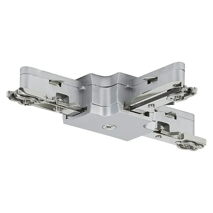 Paulmann URail T-Verbinder - Chrom matt, L x B x H: 10,4 x 6,2 x 1,8 cm - Detailaufnahme eines silberfarbenen 4-Wege-Verbinders für Stromschienenbeleuchtung, der eine flexible Lichtgestaltung ermöglicht.