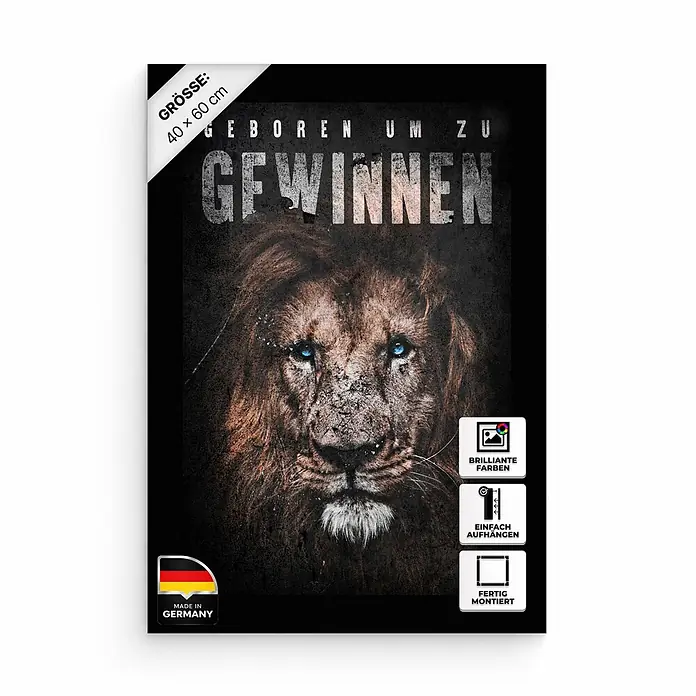 Hustling Sharks Leinwandbild Geboren zum Gewinnen, B x H: 40 x 60 cm -  - Leinwandbild: Intensives Löwenporträt mit blauen Augen und 'Geboren um zu gewinnen'-Text. 40x60 cm, brillante Farben, fertig montiert.