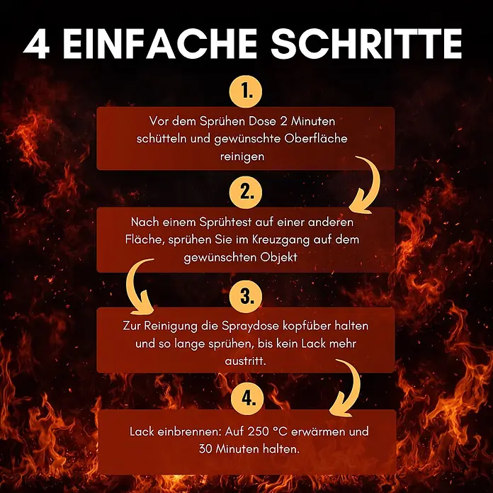 COLORS Hitzefest Sprühlack Hochtemperatur 400ml Silber Matt -  - Vier Schritte zur Lackanwendung: Dose schütteln, Sprühtest, Düsenreinigung und 30 Minuten bei 250°C einbrennen.