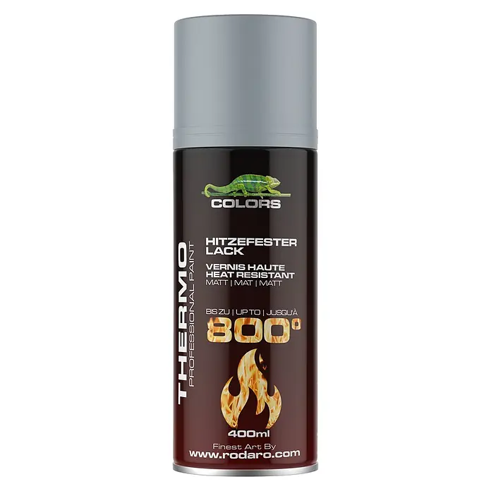 COLORS Hitzefest Sprühlack Hochtemperatur 400ml Silber Matt -  - Eine dunkelbraun-graue Sprühdose professioneller hitzebeständiger matter Farbe, geeignet für Temperaturen bis zu 800 Grad Celsius.