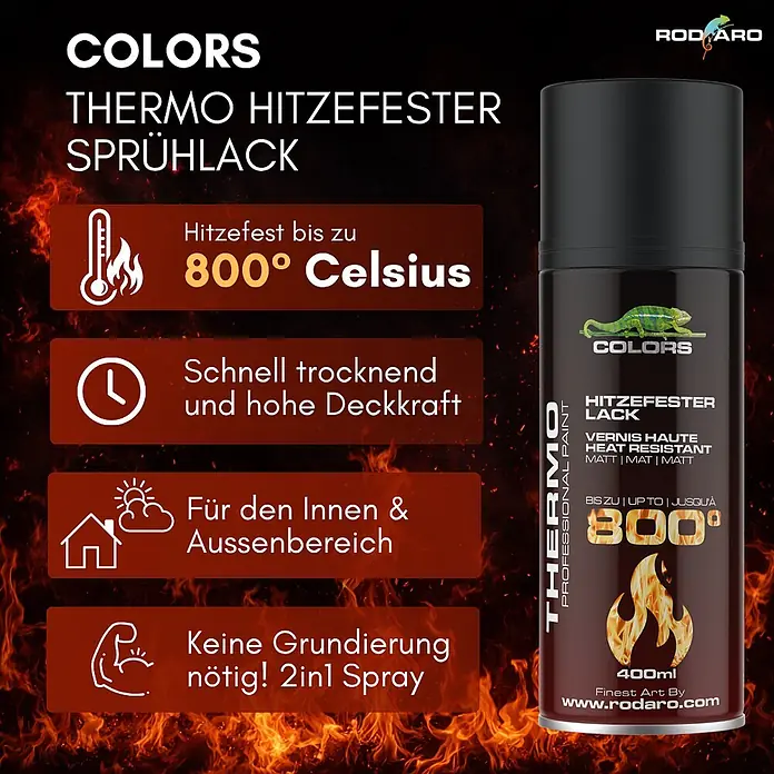 COLORS Hitzefest Sprühlack Hochtemperatur 400ml Silber Matt -  - Schwarze 400ml Dose COLORS Thermo hitzefester Sprühlack, matt, hitzebeständig bis 800°C.