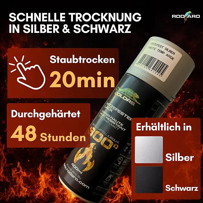 COLORS Hitzefest Sprühlack Hochtemperatur 400ml Silber Matt -  - Hitzefester Sprühlack in Silber und Schwarz, mit schneller Trocknung.