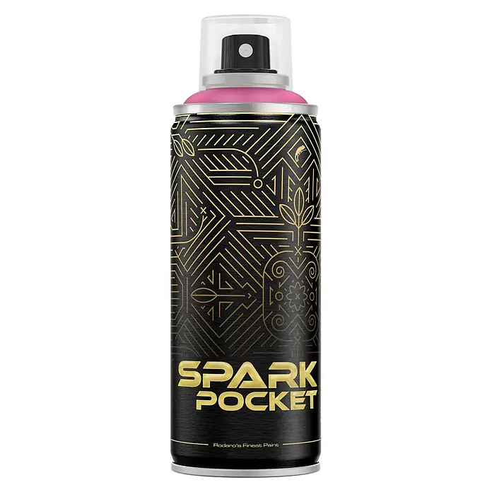 SPARK Pocket Sprühfarbe 200ml Glänzende Farbe Magenta -  - Schwarze Sprühdose mit goldenem geometrischem Design und „Spark Pocket“-Text, mit pinkem Oberteil und klarer Kappe.