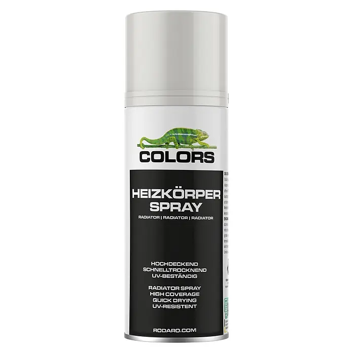 COLORS Heizkörperspray Sprühlack 400ml RAL9010 Reinweiss Hochglanz -  - Weiß-schwarze Heizkörperspraydose mit Chamäleon, hochdeckend, schnelltrocknend und UV-beständig.