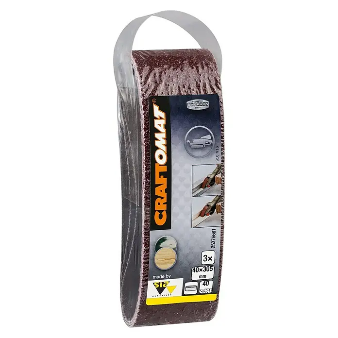 Craftomat Lija de banda - L x An: 305 x 40 mm, Grano: 40, 3 ud. - Imagen de un paquete de bandas de lijado Craftomat, 3 unidades de 40x305 mm. Ideales para proyectos de carpintería y acabados.