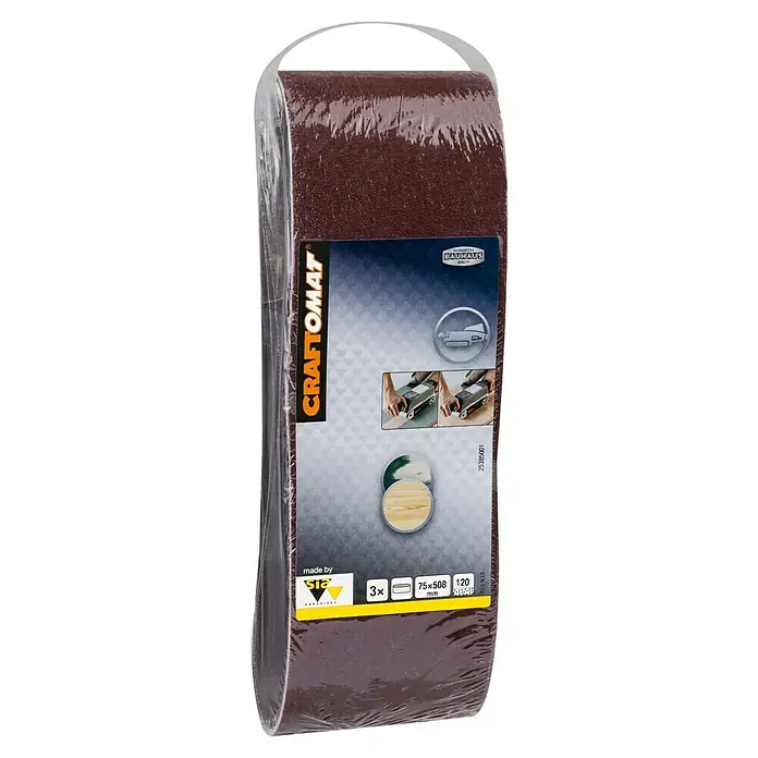 Craftomat Lija de banda - L x An: 508 x 75 mm, Grano: 120, 3 ud. - Imagen del producto: bandas de lija Craftomat, 75x508 mm, grano 120, 3 unidades, para lijadoras de banda, ideal para madera.
