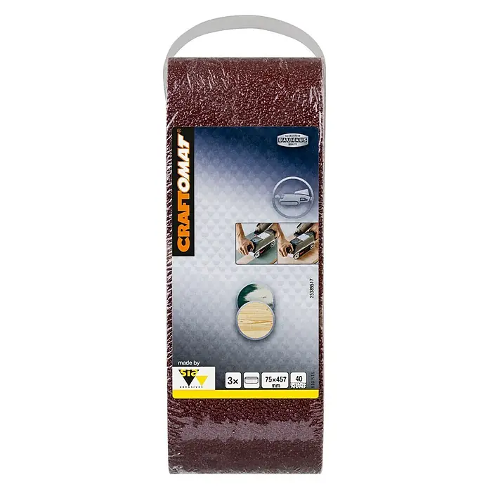 Craftomat Lija de banda - L x An: 457 x 75 mm, Grano: 40, 3 ud. - Imagen de un paquete de lijas Craftomat, ideal para superficies de madera, con un grano de 40 para una eliminación eficiente.