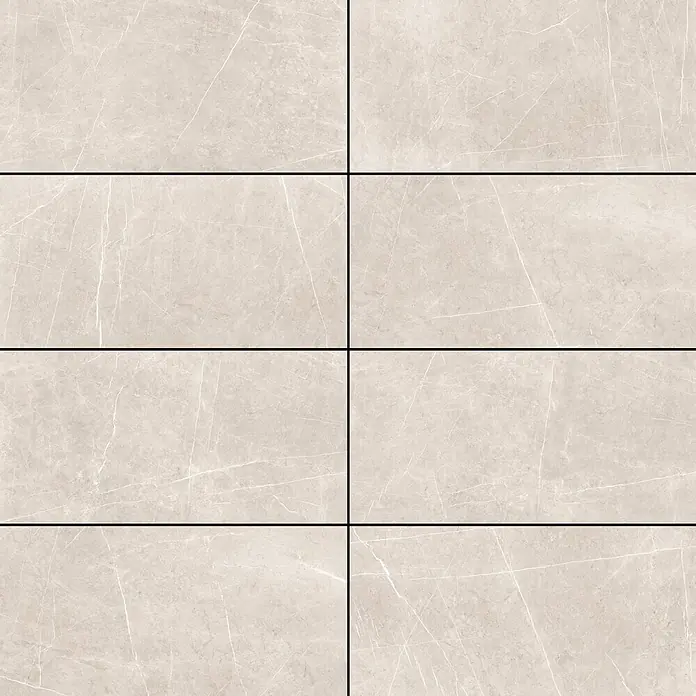 Palazzo Feinsteinzeugfliese Grande Select - 60 x 120 cm, Taupe, Glänzend - Helle beige rechteckige Fliesen in Marmoroptik mit weißer Maserung.