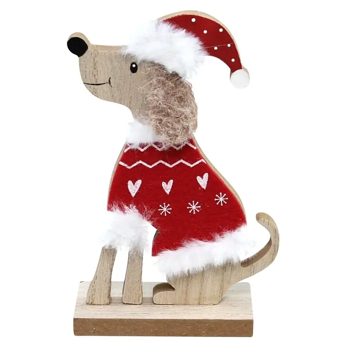 Dekoelement Hund mit Weihnachtsmütze - Rot, Weiß, Holz, 1 Stk. - Hölzerne Hunde-Weihnachtsdekoration mit roter Weihnachtsmannmütze und rotem Pullover mit weißen Herzen und Schneeflocken auf einem Sockel.