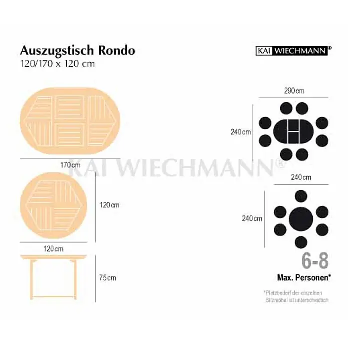 Gartentisch Teak ausziehbar 120 cm rund Holztisch extra massiv -  - Auszugstisch Rondo aus hellem Holz, rund (120x120cm) und oval (170x120cm) gezeigt, für 6-8 Personen.