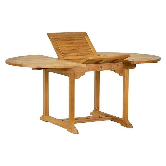 Gartentisch Teak ausziehbar 120 cm rund Holztisch extra massiv -  - Heller Teakholz-Ausziehtisch für die Terrasse mit Butterfly-Ausziehmechanismus, teilweise geöffnet.