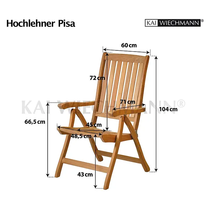 Teak Hochlehner Pisa für Garten wetterfest klappbar verstellbar -  - Hölzerner Hochlehner-Klappstuhl mit Armlehnen. Maße: H 104 cm, B 60 cm, T 71 cm.