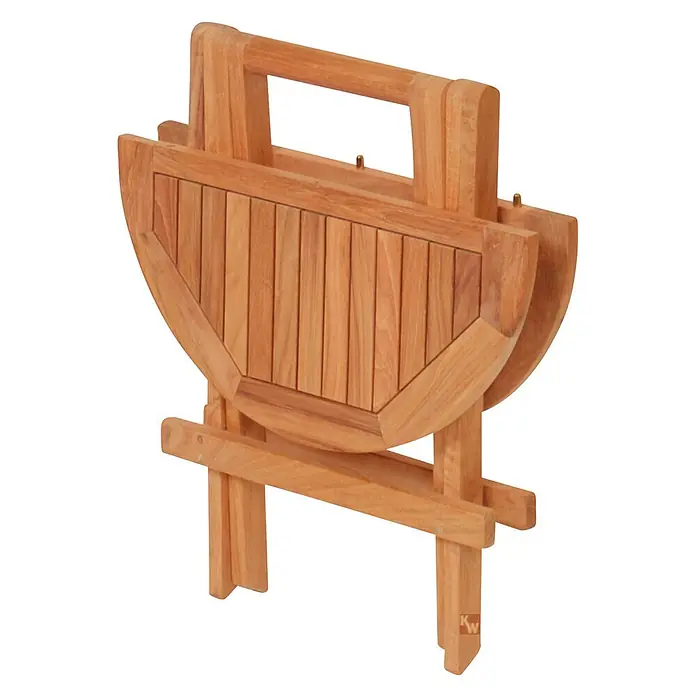 Teak Beistelltisch rund 50 cm klappbar handlich wetterfest -  - Hellbrauner klappbarer Holztisch mit Tragegriff, zusammengeklappt dargestellt.