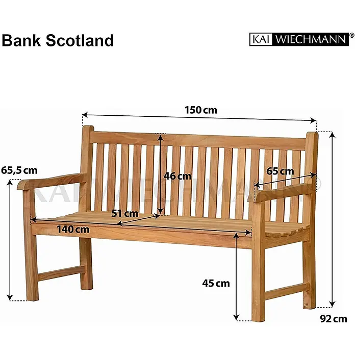 Teak Gartenbank 150 cm Holzbank massiv 3-Sitzer -  - Holz Gartenbank mit Lattenrücken und Sitzfläche, Armlehnen und allen Maßen.