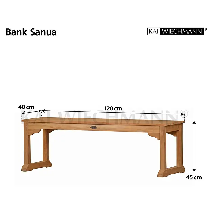 Teak Gartenbank ohne Lehnen Massivholz 120 cm wetterfest -  - Helle Holzbank, 120 cm breit, 40 cm tief, 45 cm hoch.